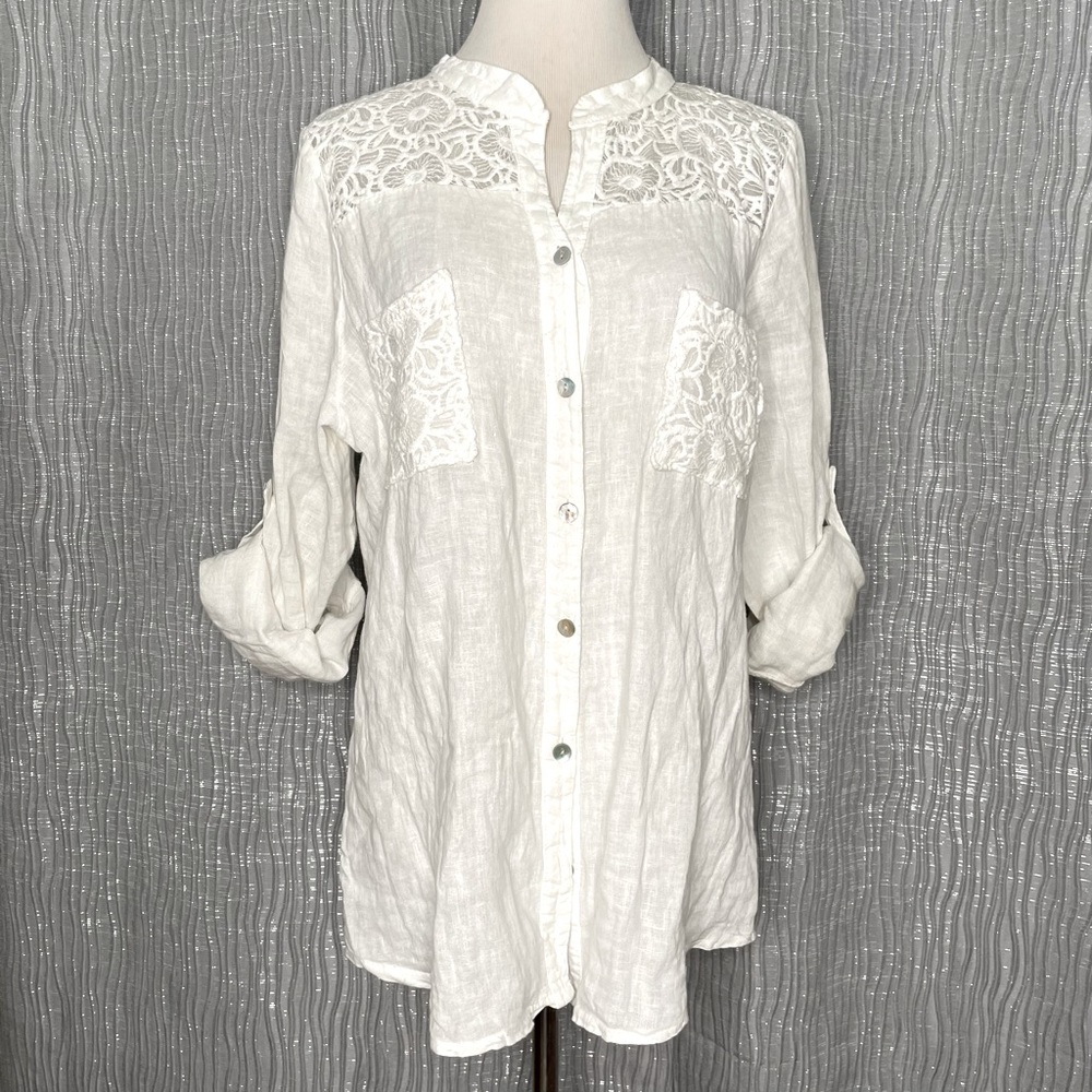 M Made in Italy linen & lace roll tab shirt